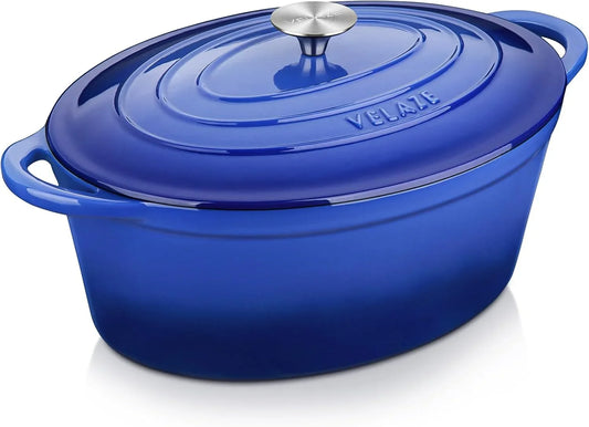 7.5 QT Enameled Oval Dutch Oven Pot with Lid, Cast Iron Dutch Oven with Dual Handles for Bread Baking, Cooking, Frying, Non-Stick Enamel Coated Cookware（Blue)