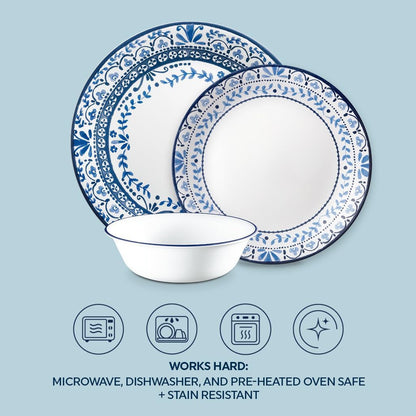 Vitrelle Glass Dinnerware Set, Chip & Crack Resistant Triple Layer Glass, 12-PC Dinnerware Set, Portofino