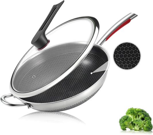 Wok Pan, PFOA Free Cookware 12.6 Inch Wok, Stick Stainless Steel Woks & Stir-Fry Pans Nonstick, for All Cooktops, Uncoated Craft Pot Healthy Cooking Pot