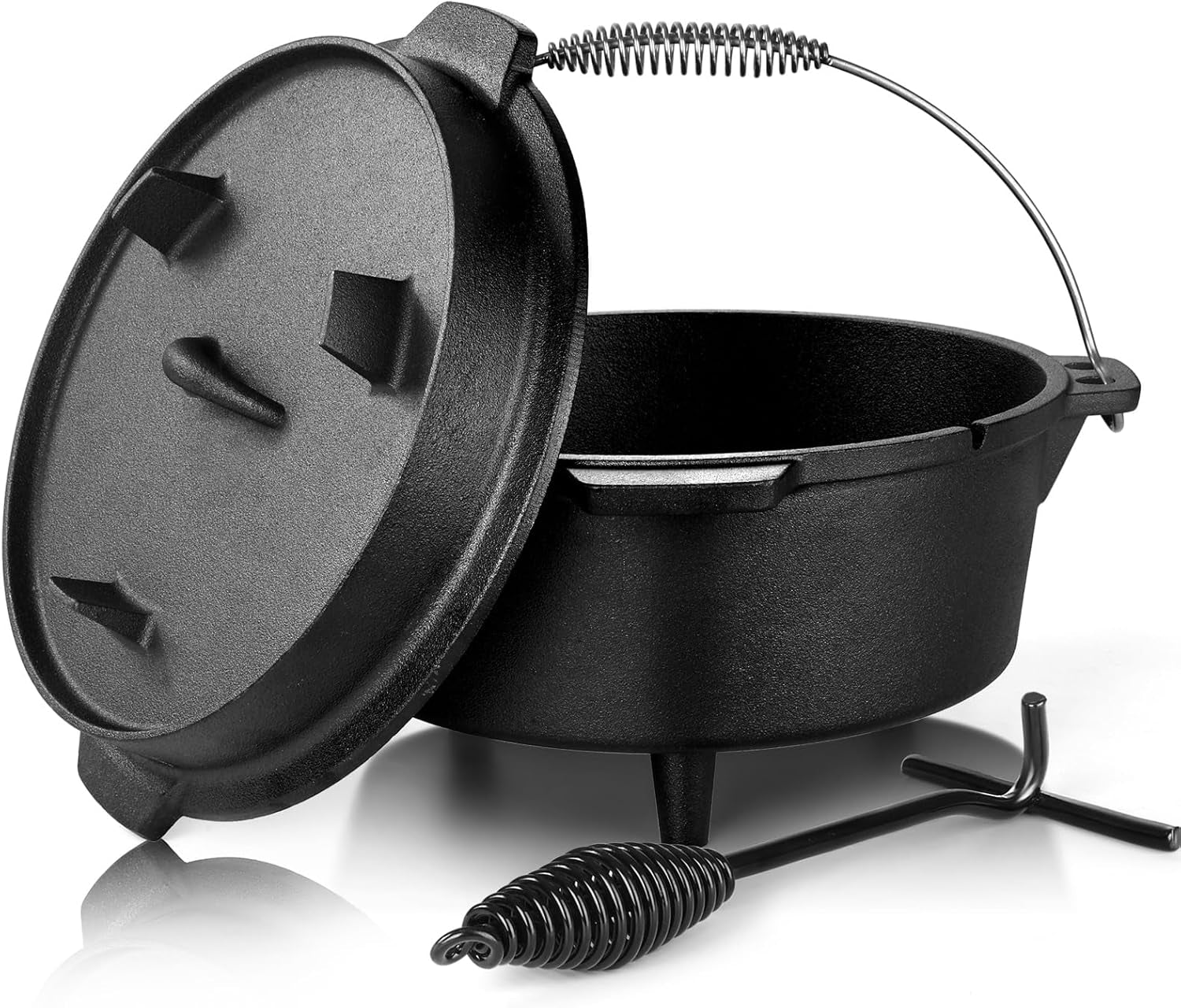 5QT Camping Dutch Oven with Lid, Pre-Seasoned Cast Iron Camp Dutch Oven with Lid Lifter for Campfire Cooking, Baking and Stews, Durable Cast Iron Pot for Camping and Hiking