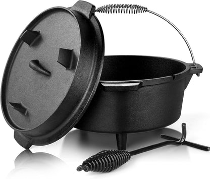 5QT Camping Dutch Oven with Lid, Pre-Seasoned Cast Iron Camp Dutch Oven with Lid Lifter for Campfire Cooking, Baking and Stews, Durable Cast Iron Pot for Camping and Hiking