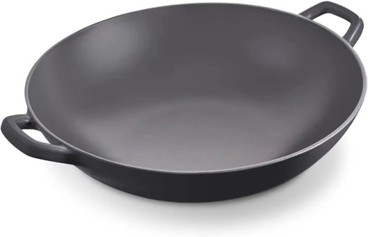 Zakarian by  14” Cast Iron Wok for Restaurant Quality Stir Fry, Seafood, Deep Frying, and Steaming - Black