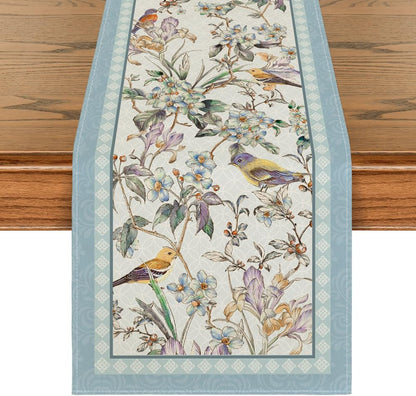 Blue Birds Flowers Blossom Table Runner, Seasonal Spring Floral Kitchen Dining Table Decoration for Home Party Decor 13X72 Inch