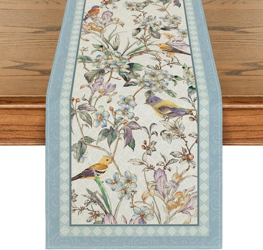Blue Birds Flowers Blossom Table Runner, Seasonal Spring Floral Kitchen Dining Table Decoration for Home Party Decor 13X72 Inch