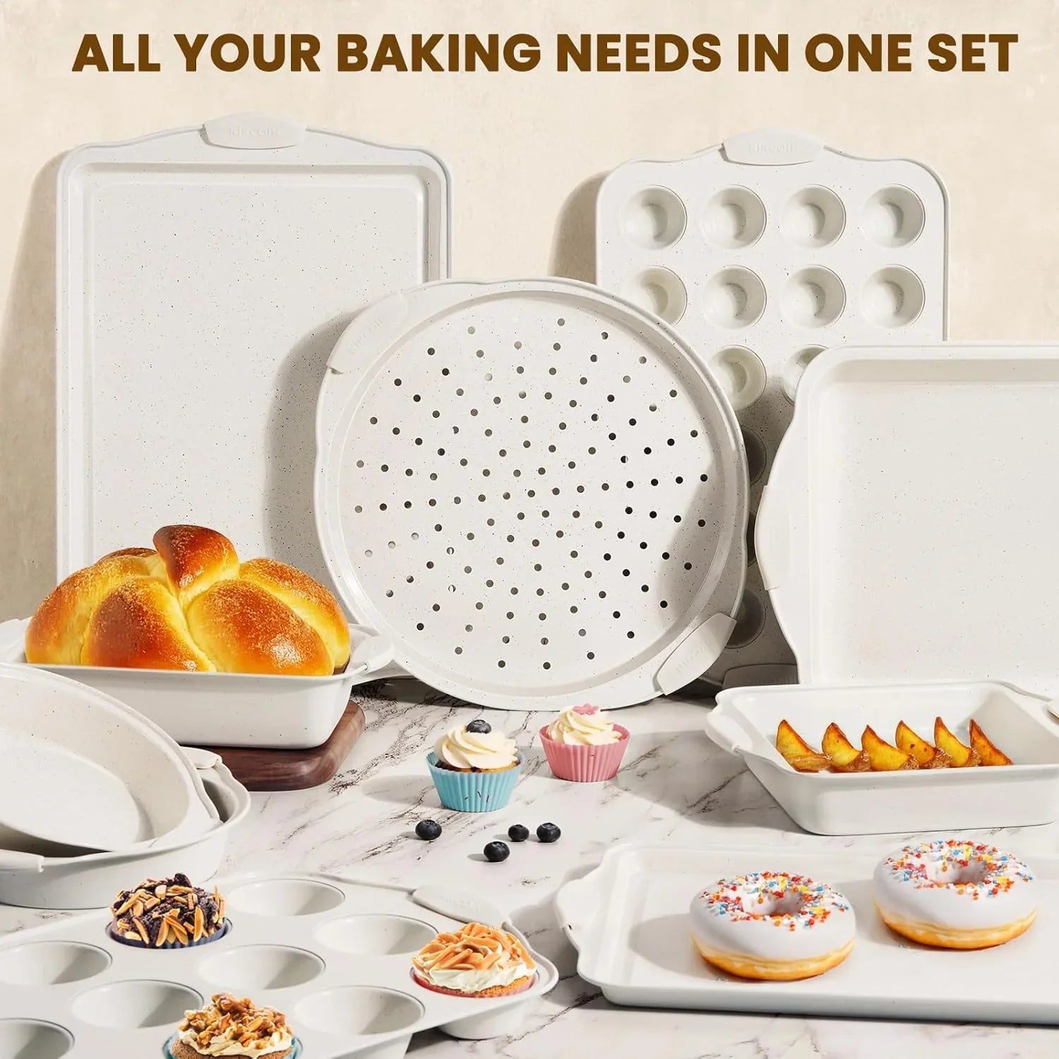 22 PCS Nonstick Baking Pans Set, Stackable Bakeware Sets with Silicone Handles, 450°F Oven Safe Baking Sheet Set, Easy Release Cookie Sheets for Baking, Cream