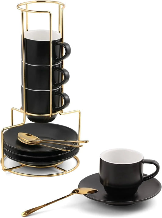 3-Ounce Espresso Cups Set of 4, Small Stackable Coffee Cups with Saucers, Spoons and Metal Stand, Ceramic Demitasse Mugs, Espresso Accessories for Machine, Black