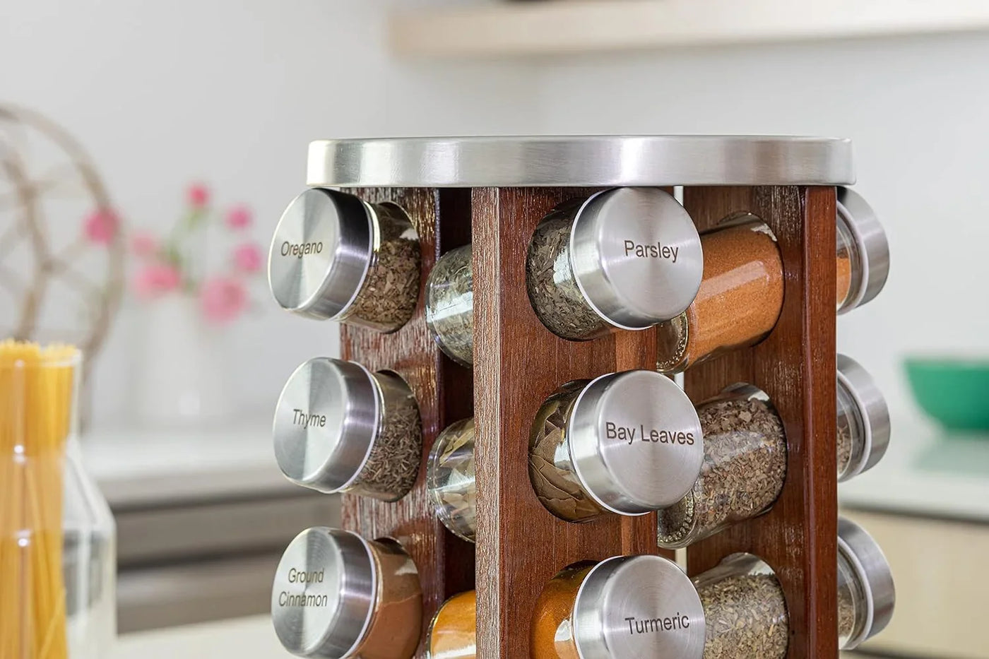 20 Jar Rotating Dark Acacia Wood Spice Rack with Spices Included & 5-Year Spice Refill Program – Rustic Wood Countertop Spice Rack with Glass Jars