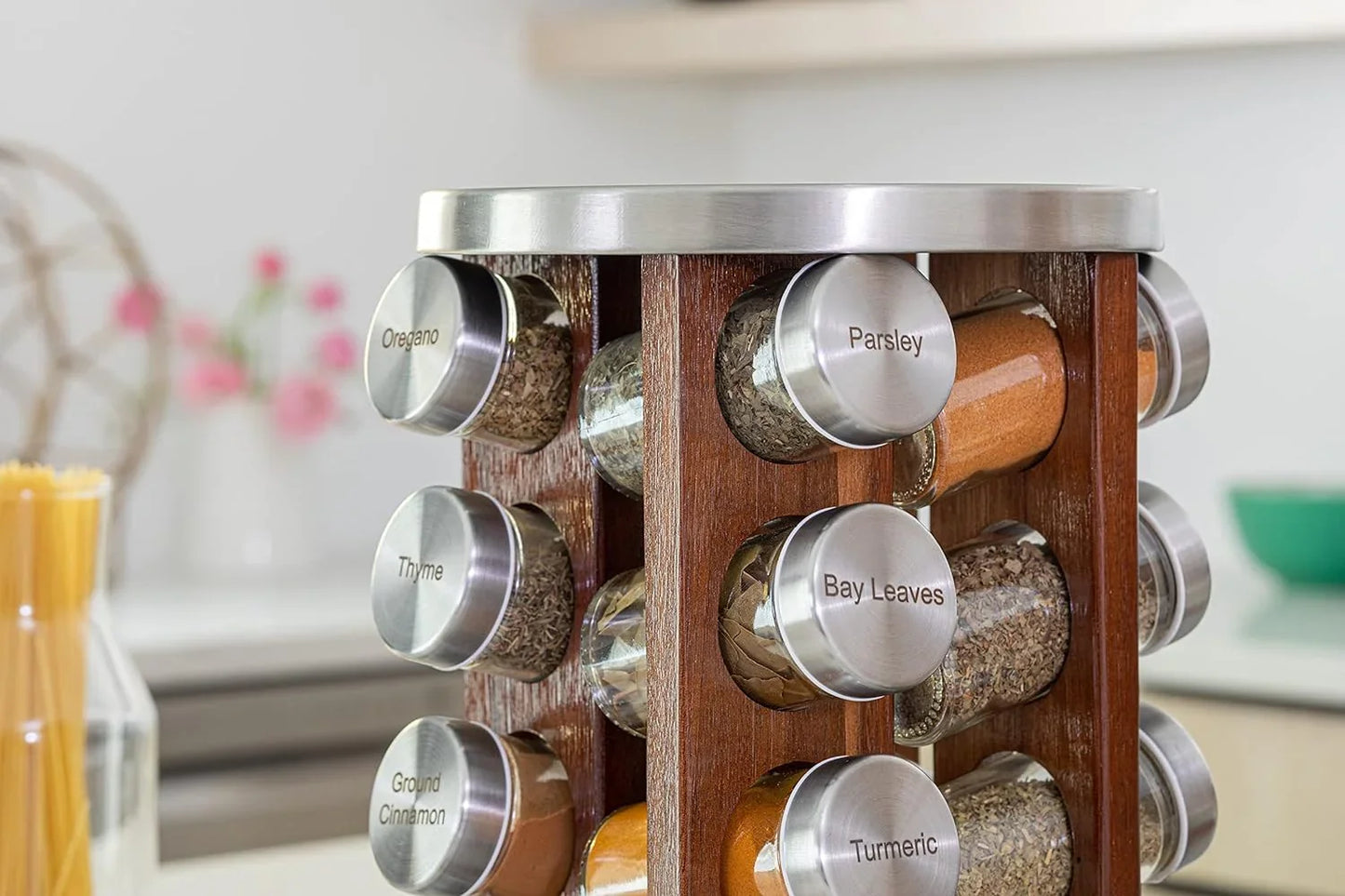 20 Jar Rotating Dark Acacia Wood Spice Rack with Spices Included & 5-Year Spice Refill Program – Rustic Wood Countertop Spice Rack with Glass Jars