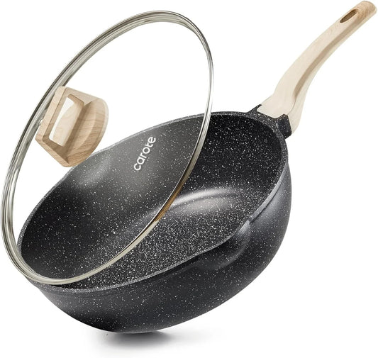 10/12/12.5 Inch Nonstick Deep Frying Pan with Lid, Jumbo Cooker Saute Pan with Pour Spout, Skillet Induction Cookware, Non Stick Cooking Pan PFOA Free, Classic Granite