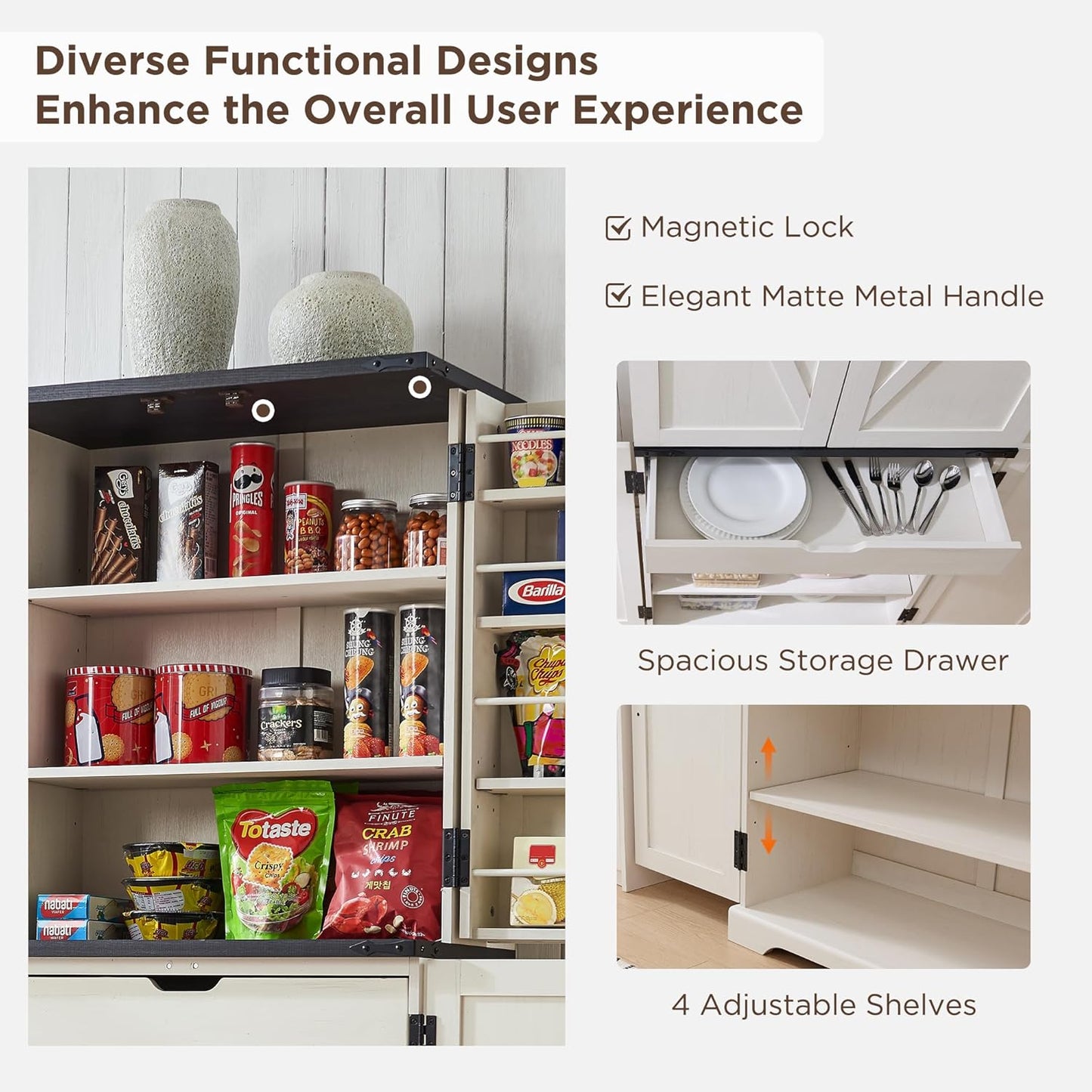 72" Tall Kitchen Pantry, Farmhouse Storage Cabinet with Barn Doors, Organizer, Drawer and Adjustable Shelves, Rustic Wood Cupboard for Kitchen, Dining Room, Bathroom, off White | Barn Doors, Organizer, Drawer, Adjustable Shelves, Cupboard