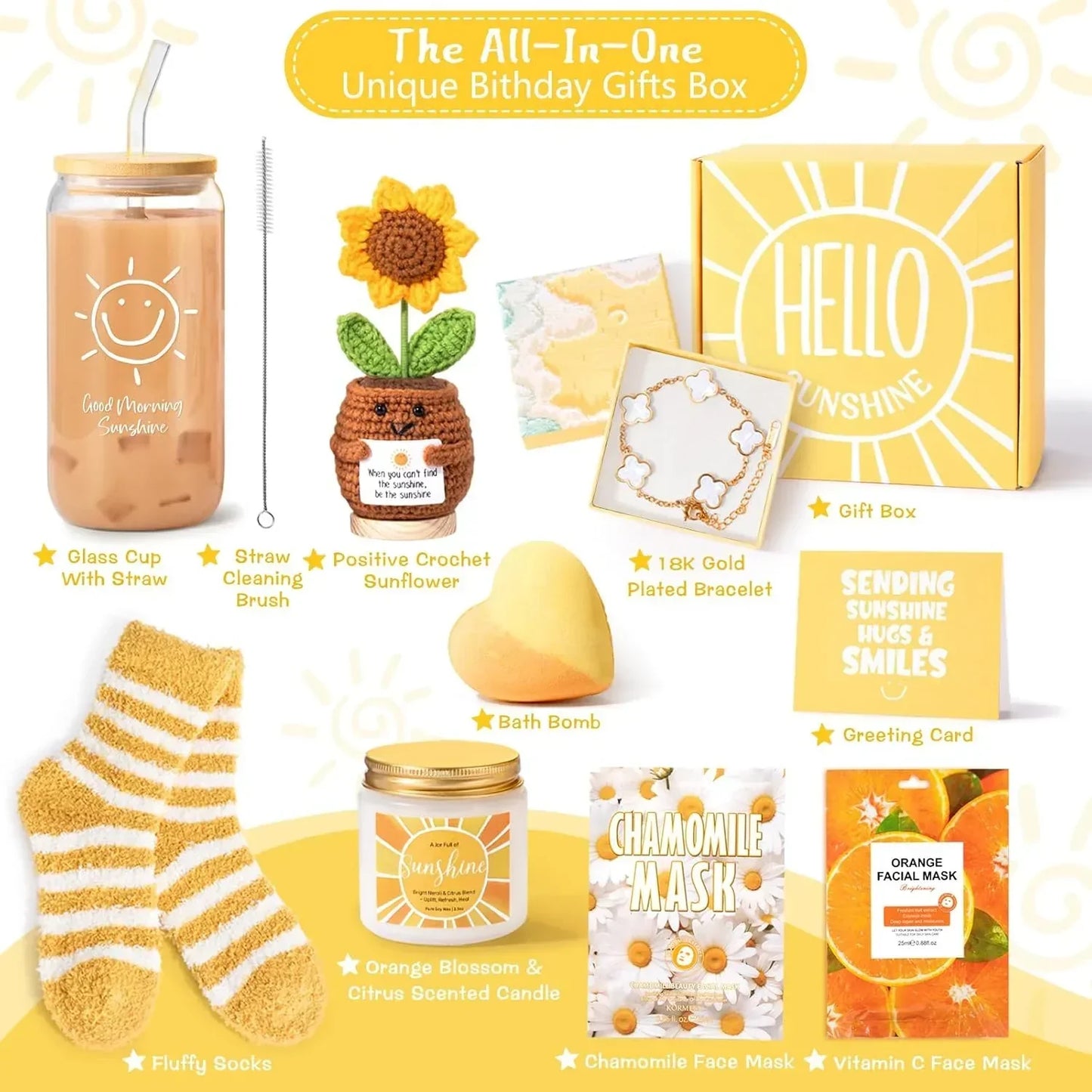 Sunshine-themed birthday gift box with glass cup, crochet sunflower, gold bracelet, socks, candle, face masks, bath bomb, and greeting card