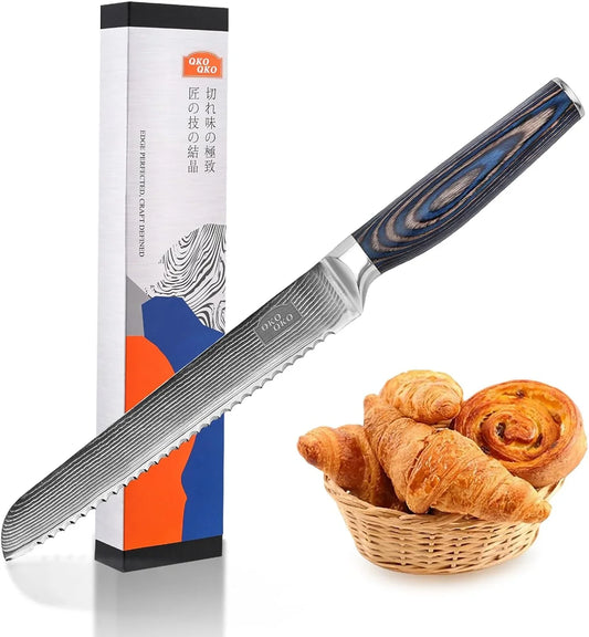 Damascus Bread Knife, 8-Inch Bread Knife with 9Cr18Mov Steel Core, Japanese Bread Knife with Ergonomic Wood Handle, Ultra-Sharp Serrated Bread Knives for Homemade Bread with Gift Box