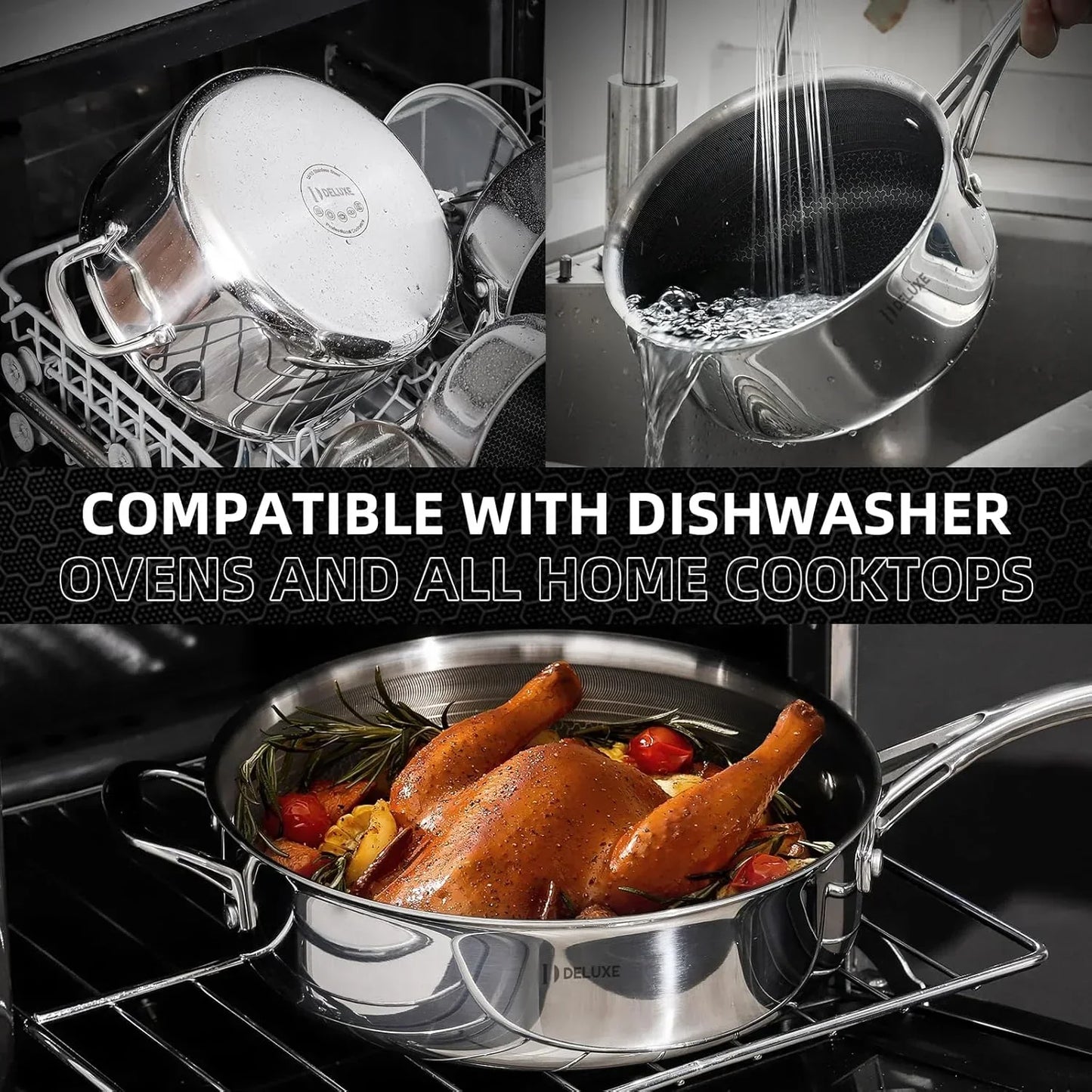 Stainless steel cookware set: dishwasher safe, oven-ready, perfect for roasting chicken and everyday cooking