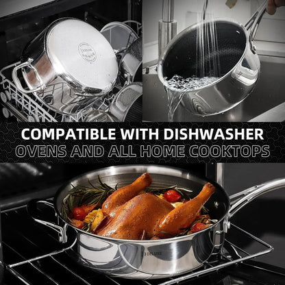 Stainless steel cookware set: dishwasher safe, oven-ready, perfect for roasting chicken and everyday cooking