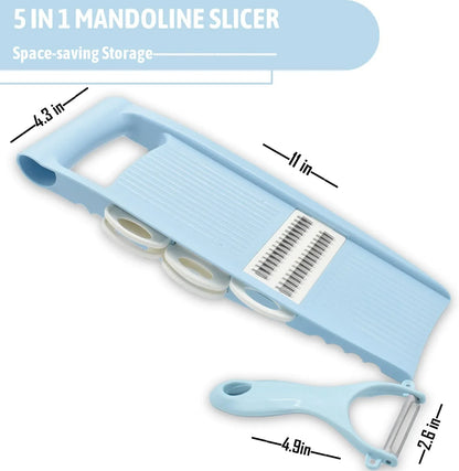 5 in 1 Mandoline Slicer for Kitchen, Vegetable Slicer Multi Blade Potato Chip, Veggie Shredder, Vegetable Cutter, Julienne Shredder and Peeler for Small Job in Kitchen Blue