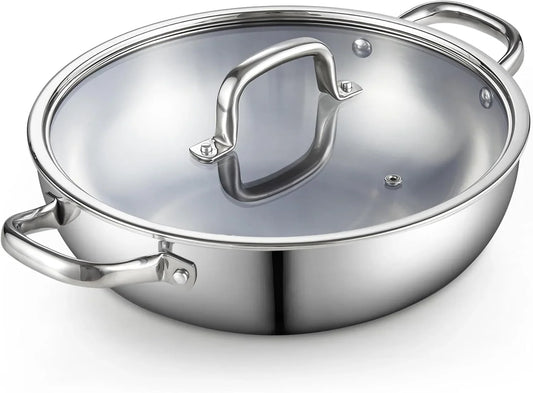 Stainless Steel Wok Pan with Lid, 12 Inch Tri-Ply Clad Stainless Flat Bottom Wok Stir Fry Pan, Dishwasher and Oven-Safe, Compatible with All Cooktops