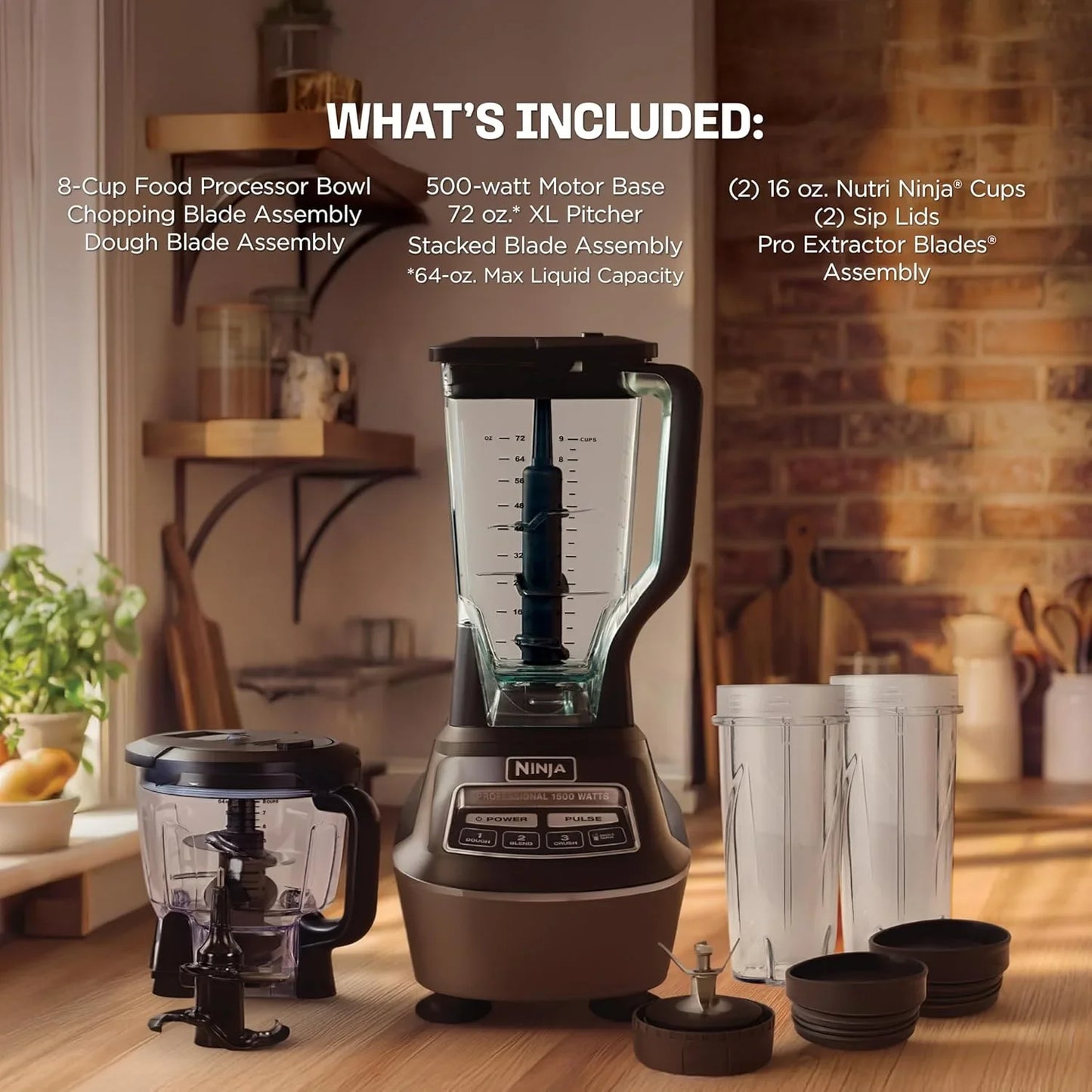 Kitchen System | All-In-One Food Processor & Blender for Smoothies | Includes Pitcher, (2) 16 Oz. To-Go Cups & 8-Cup Bowl | Makes Salsa, Dough, Shakes, & Frozen Drinks | 1500W | Black | BL770