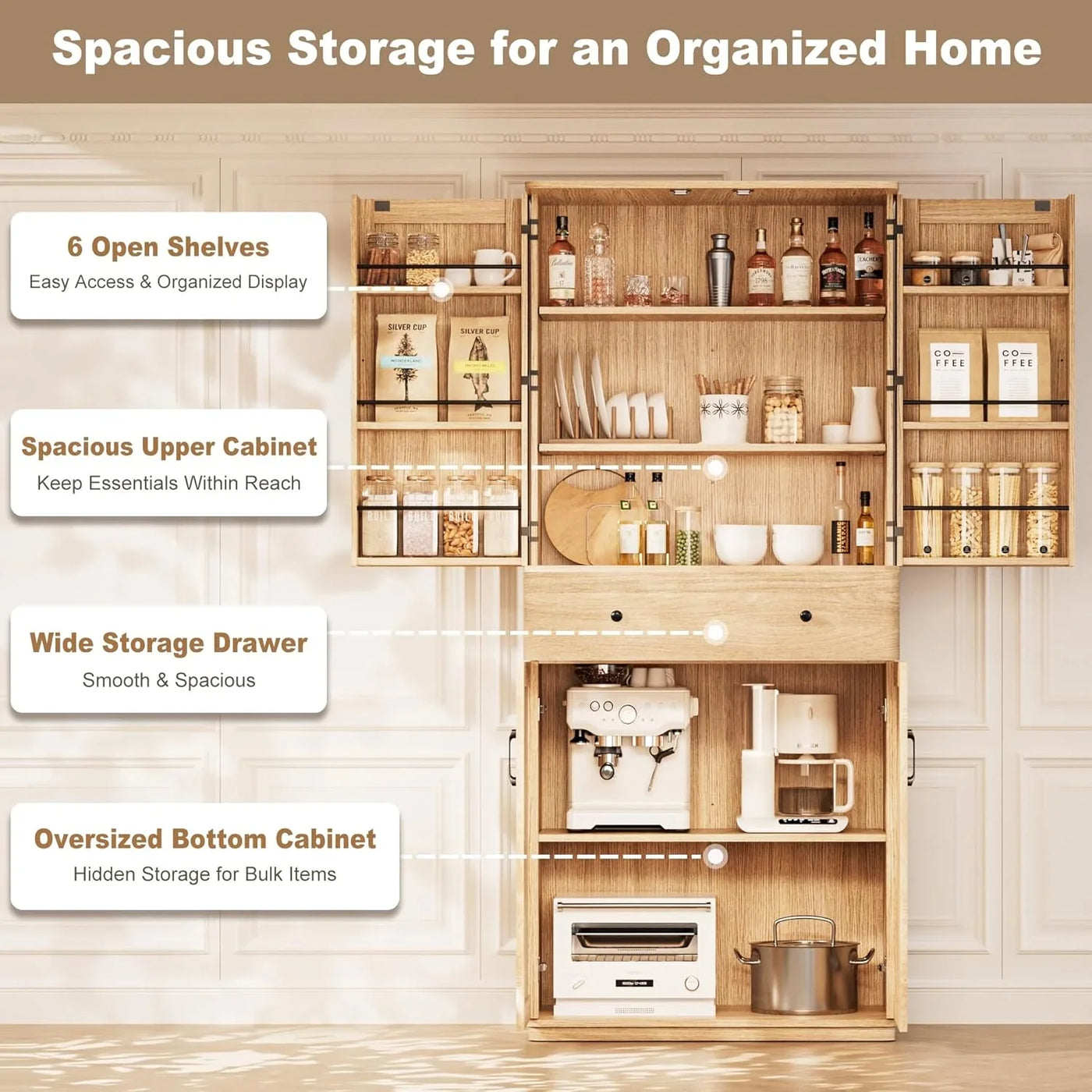 72" Tall Pantry Cabinet, Kitchen Storage Cabinet with 1 Drawer 2 Cabinets, 3 Adjustable Shelves 6 Door Shelves, Freestanding Multi Use Pantry Storage Cabinet for Kitchen Dining Room Living Room