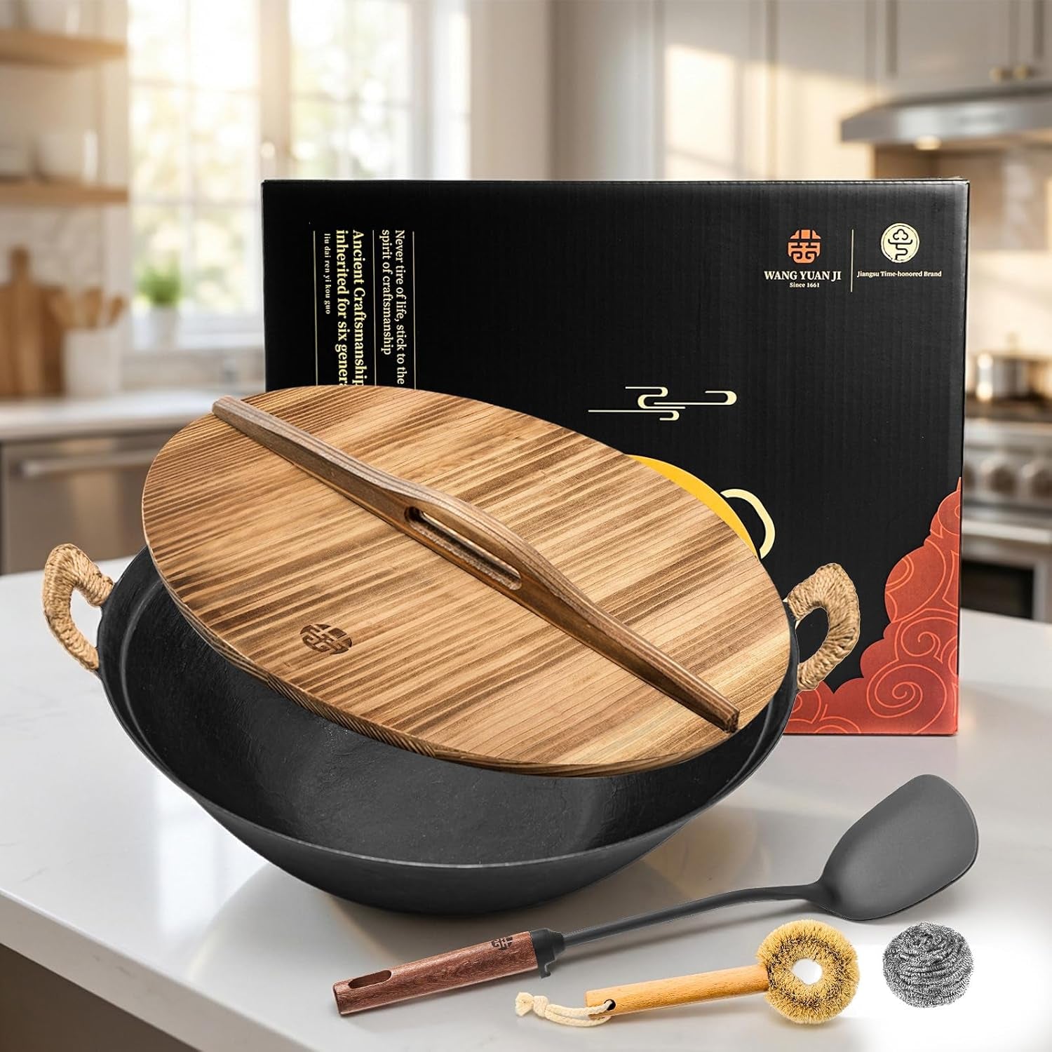 14.2 Inch Cast Iron Wok with Wooden Lid and Iron Spatula, Flat Bottom Double-Handle Chinese Stir Fry Pan, Uncoated Cast Iron Wok for Induction, Gas and Electric Stoves