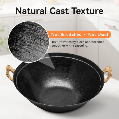 14.2 Inch Cast Iron Wok with Wooden Lid and Iron Spatula, Flat Bottom Double-Handle Chinese Stir Fry Pan, Uncoated Cast Iron Wok for Induction, Gas and Electric Stoves