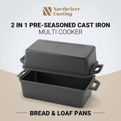 9×5 Inch Cast Iron Loaf Pan with Lid | Bread Baking Pan | Even Heat Distribution for Homemade Bread, Cake, and Meatloaf | 2 Piece Set