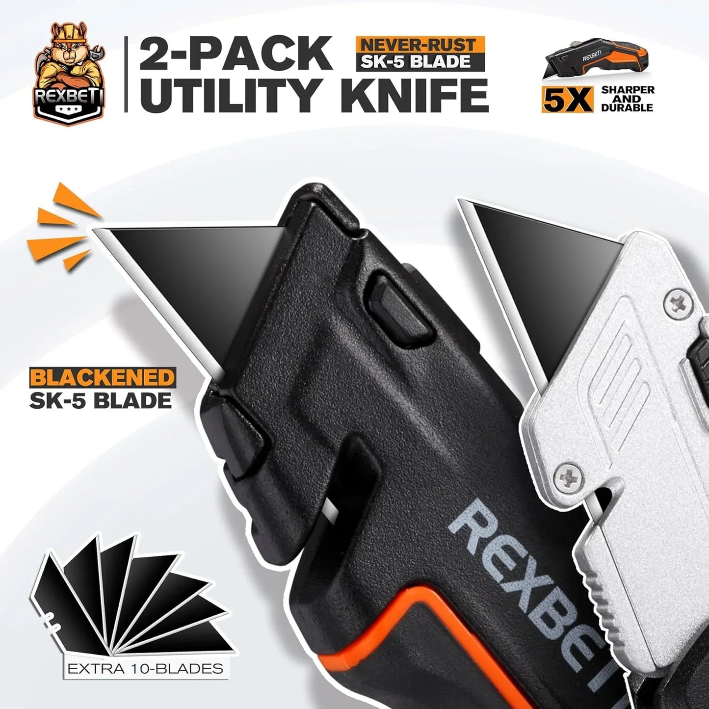 2-Pack Utility Knife, SK5 Heavy Duty Retractable Box Cutter for Cartons, Cardboard and Boxes, Blade Storage Design, Extra 10 Blades Included（Total 18 Blades）