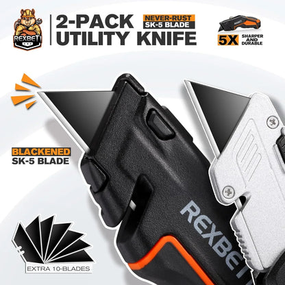 2-Pack Utility Knife, SK5 Heavy Duty Retractable Box Cutter for Cartons, Cardboard and Boxes, Blade Storage Design, Extra 10 Blades Included（Total 18 Blades）