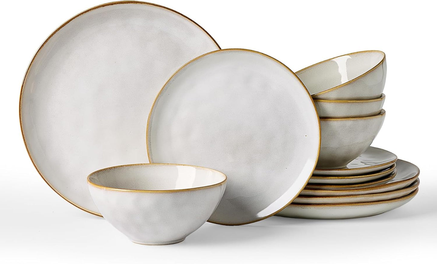 Dinnerware Sets for 4, Ocean round 12-Piece Kitchen Plates and Bowls Sets, Reactive Glaze, Microwave and Dishwasher Safe, Scratch Resistant, Cappuccino White