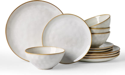 Dinnerware Sets for 4, Ocean round 12-Piece Kitchen Plates and Bowls Sets, Reactive Glaze, Microwave and Dishwasher Safe, Scratch Resistant, Cappuccino White