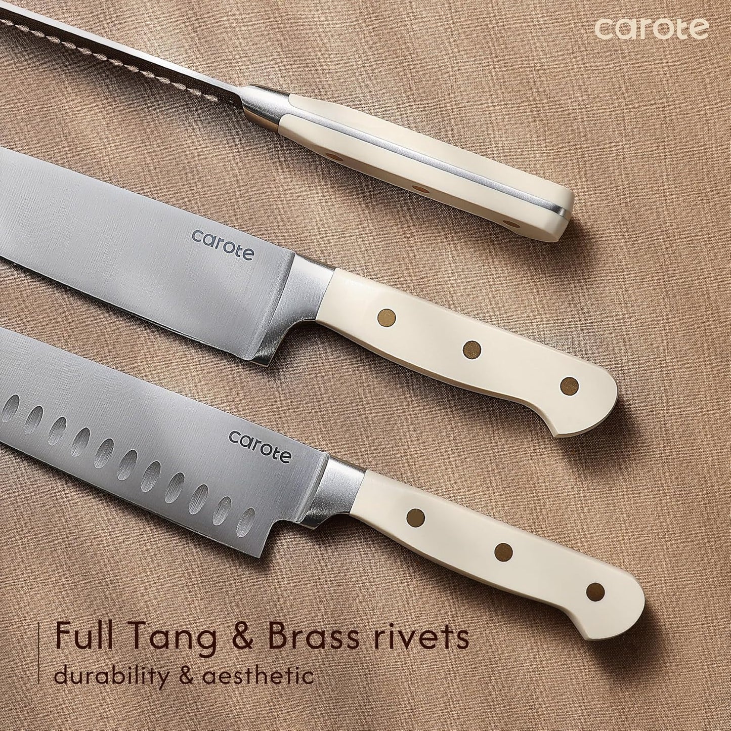 11 Pieces Knife Set with Block for Kitchen, Stainless Steel Razor-Sharp Blade, Triple Riveted Ergonomic Handle, Wooden Magnetic Block, Essential Knife Block Set, Beige