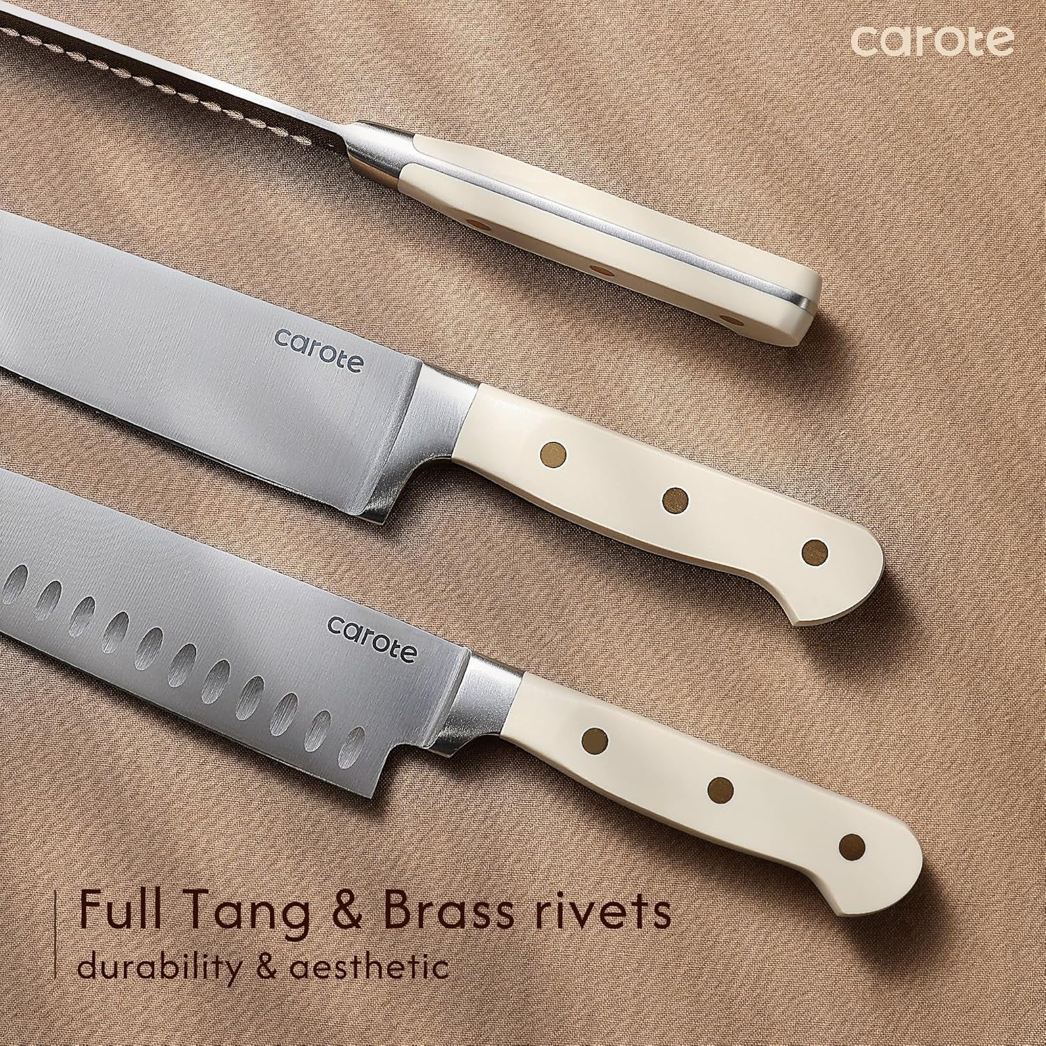 11 Pieces Knife Set with Block for Kitchen, Stainless Steel Razor-Sharp Blade, Triple Riveted Ergonomic Handle, Wooden Magnetic Block, Essential Knife Block Set, Beige