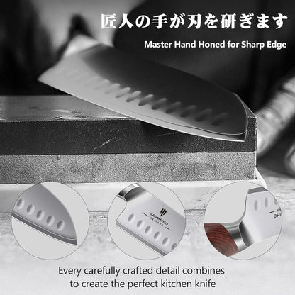 7 Inch Chef Knife, High Carbon Japanese 10Cr15Mov Stainless Steel Santoku Knife, Ultra Sharp Professional Kitchen Cooking Knife with Ergonomic Pakkawood Handle