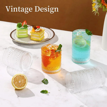 Hobnail Drinking Glasses Set of 12, 12 Oz Highball Glasses & 10 Oz Cocktail Glasses, Clear Embossed Boho Glass Cups Kitchen Bar Tumbler Glassware Set for Whiskey, Beer, Juice, Milk