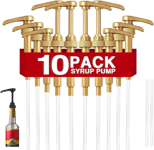10-pack gold syrup pumps with clear tubes for kitchen condiment dispensing