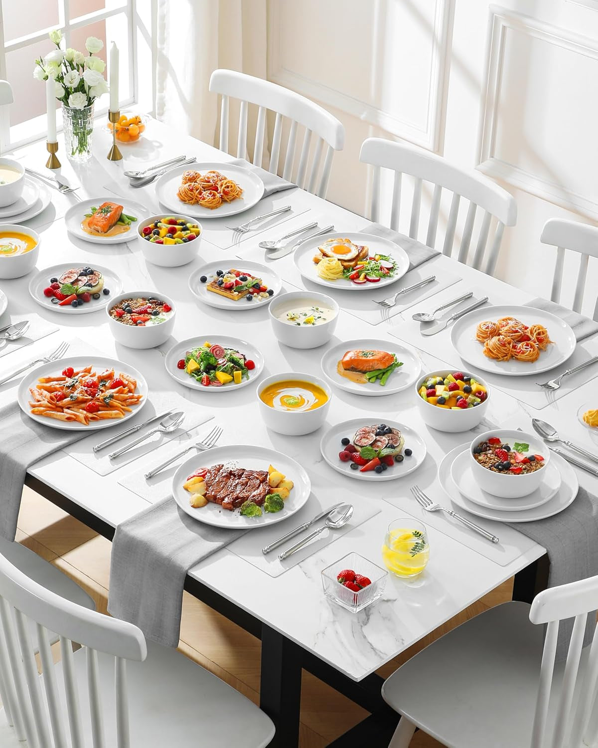 24 Pieces Gourmet Porcelain Dinnerware Sets, Premium Plates and Bowls Set, High-Fired Ceramic Dishes Set for 8, Chip & Scratch Resistant, Microwave Dishwasher Safe, White, Series LEXI