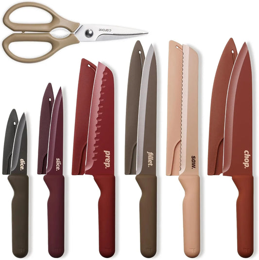 Knife Set, 13 Pcs Kitchen Knife Set with Letter, 6 Knives with Blade Guards & Kitchen Shears