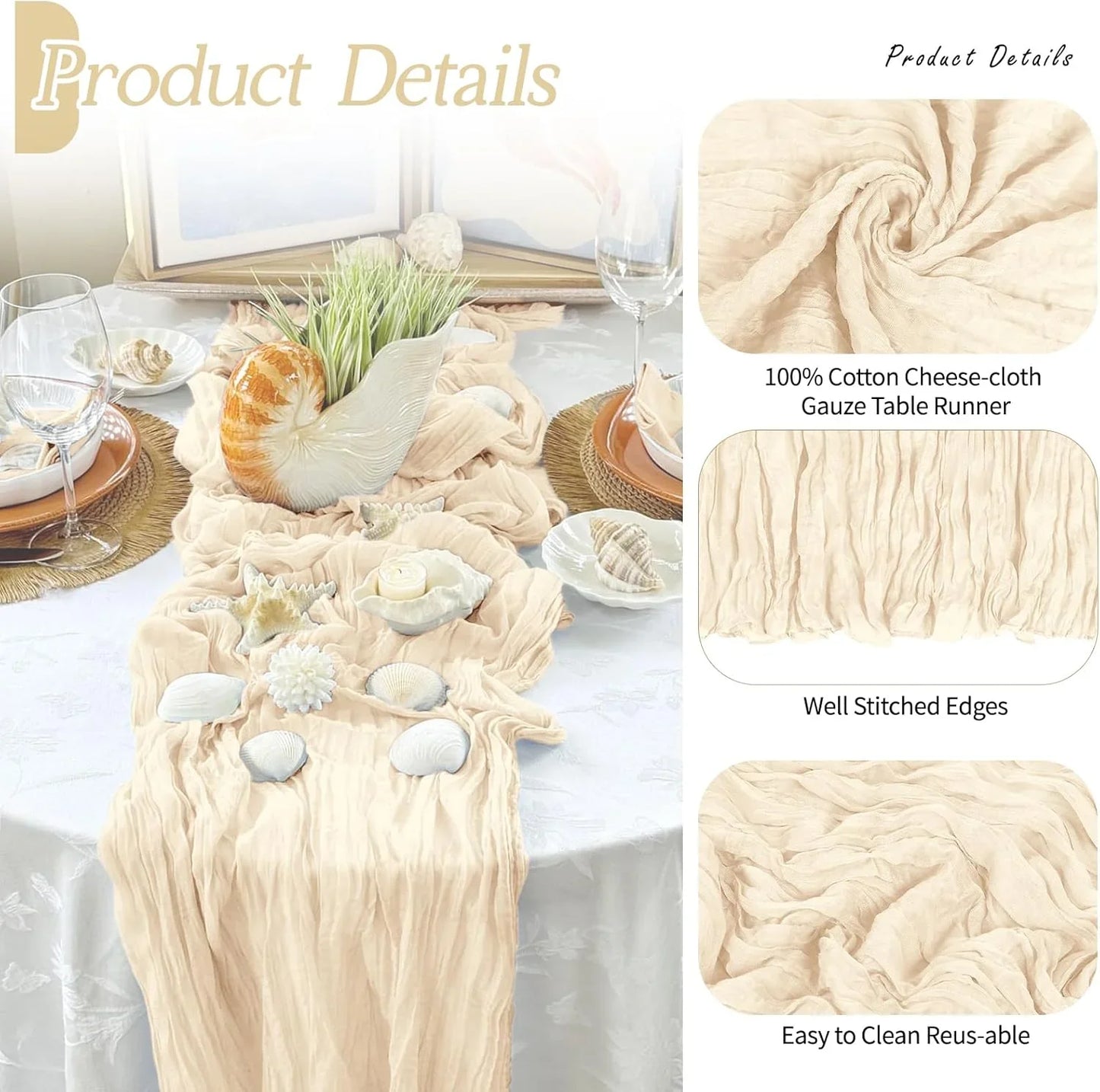 3 Pack Ivory Cheesecloth Table Runner 17X108 Inch Semi Sheer Boho Gauze Cheese Cloth Fabric Table Runners Table Decor for Wedding Party Baby Shower Birthday Home Decor Garden Farmhouse
