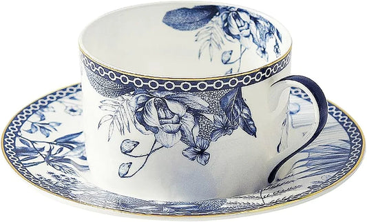 6 Oz Blue Floral Bone China Tea Cup with Saucer, Hand Print Procelain Cups for Tea Party, British Coffee Cup and Saucer