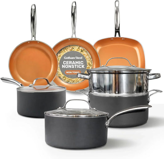 12 Pc Ceramic Cookware Set Nonstick, Ceramic Pots and Pans Set Non Stick with Steamer for Cooking, Non Toxic PFOA PFOS Free, Ergonomic Stay Cool Handles, Oven & Dishwasher Safe, Copper