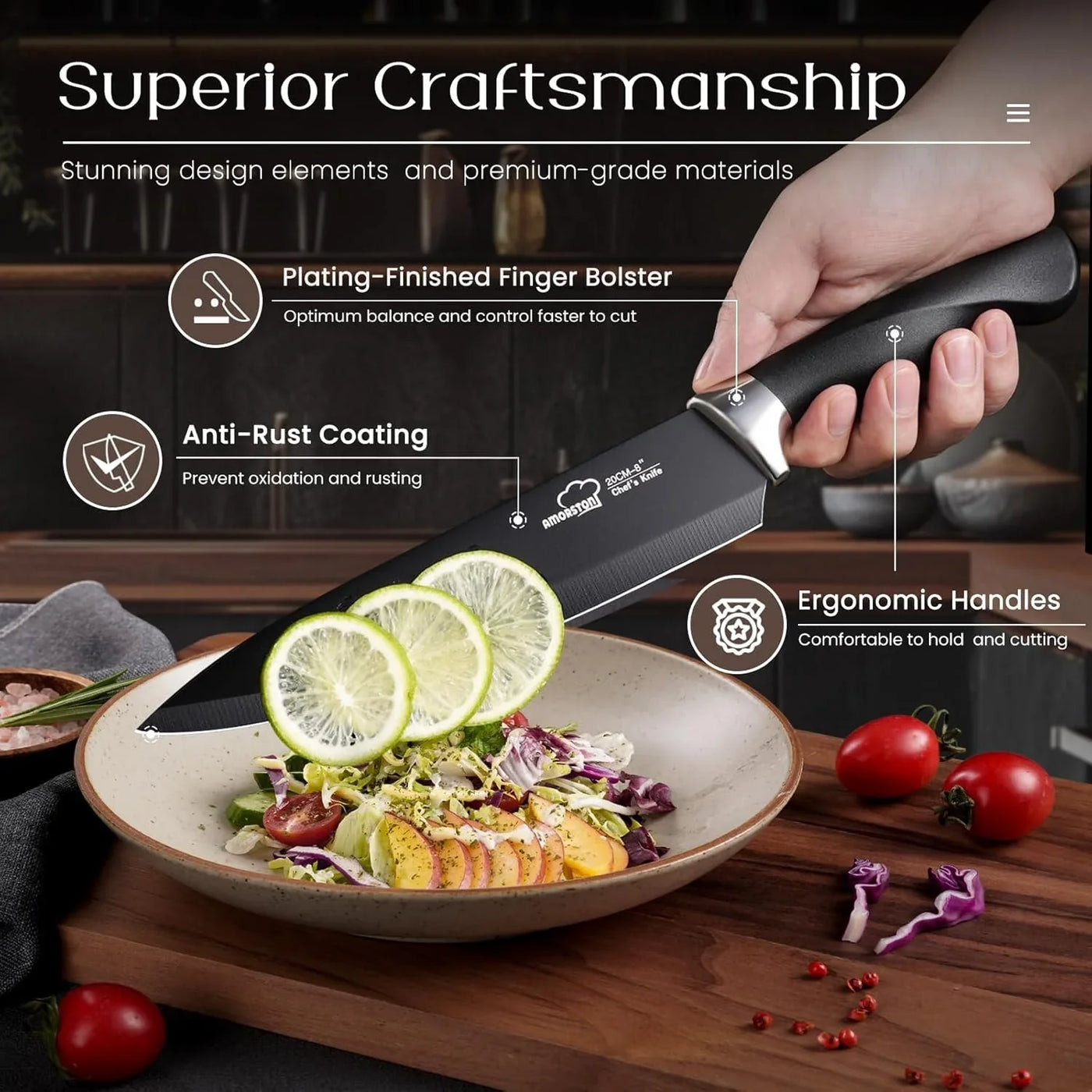 Knife Set,  21 Pieces Kitchen Knife Set with Block and Sharpener, Ultra-Sharp Knives Set with Ergonomic Handles, Black German Stainless Steel Knife Block Set, Dishwasher Safe