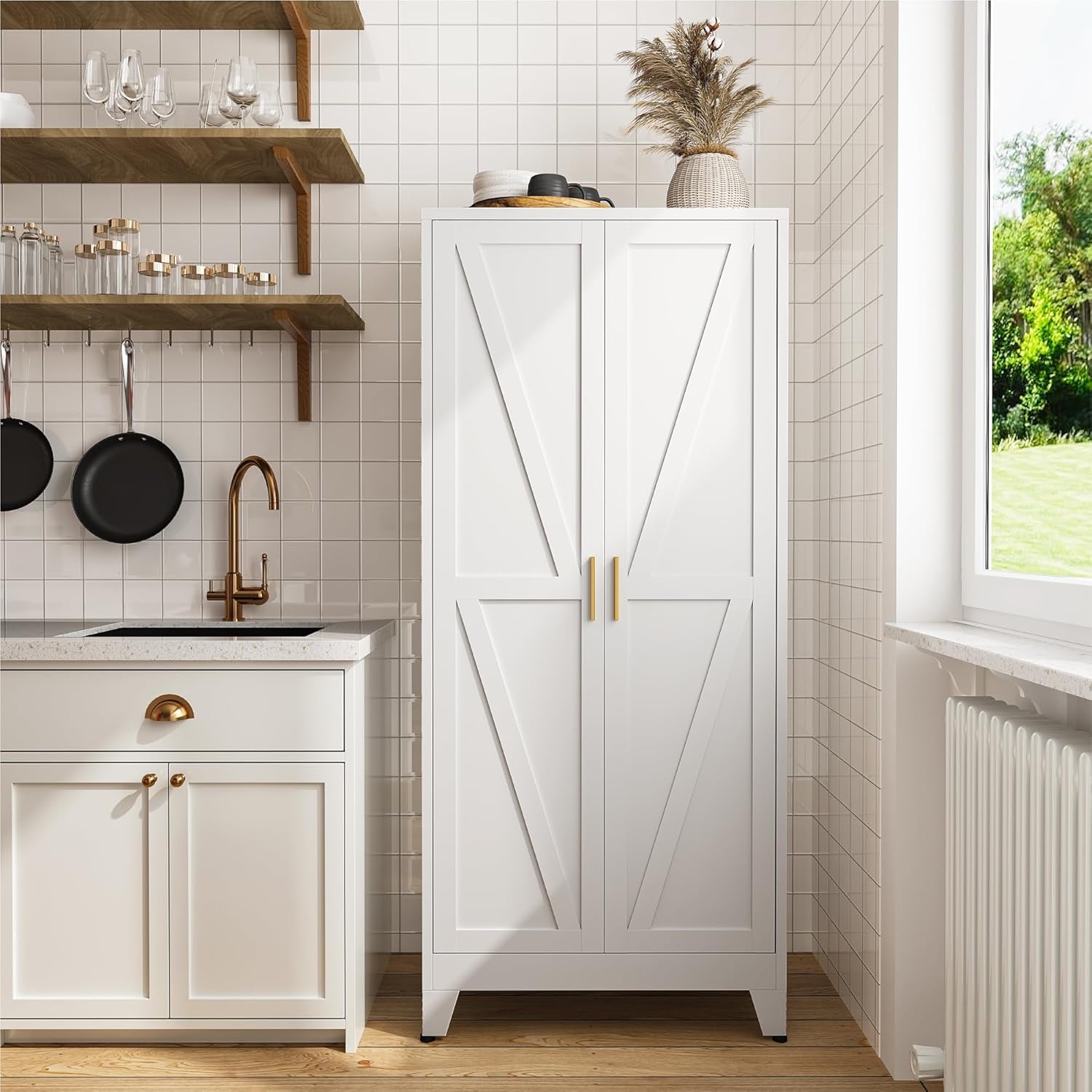61" Metal Pantry Cabinet with Adjustable Shelves, White Storage Cabinet with Doors and Shelves, Sturdy Freestanding Cupboard for Kitchen Pantry, Bathroom Storage, Living Room & Office