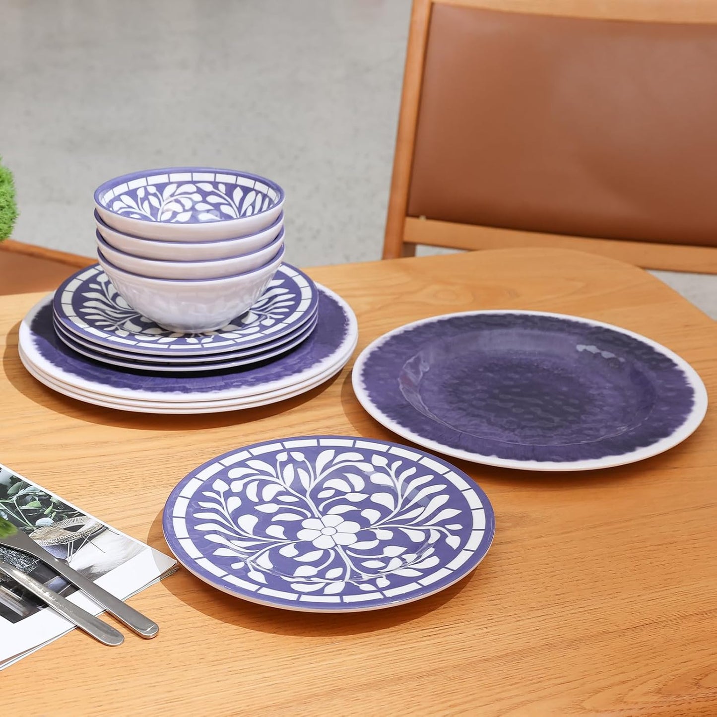 Melamine Dinnerware Set, 12 Pieces Plates and Bowls Set, Unbreakable Dish Set,Lightweight,Camping,Dishwasher Safe,Service for 4, Blue-Purple