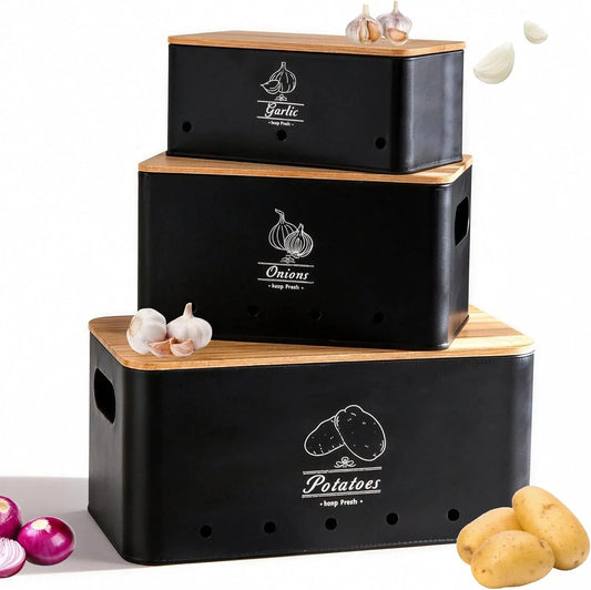 Potato Onion and Garlic Storage Bin Set of 3, Black Metal Kitchen Vegetable Canisters with Bamboo Lid and Aerating Holes, Stackable Kitchen Storage Tin for Countertop Pantry