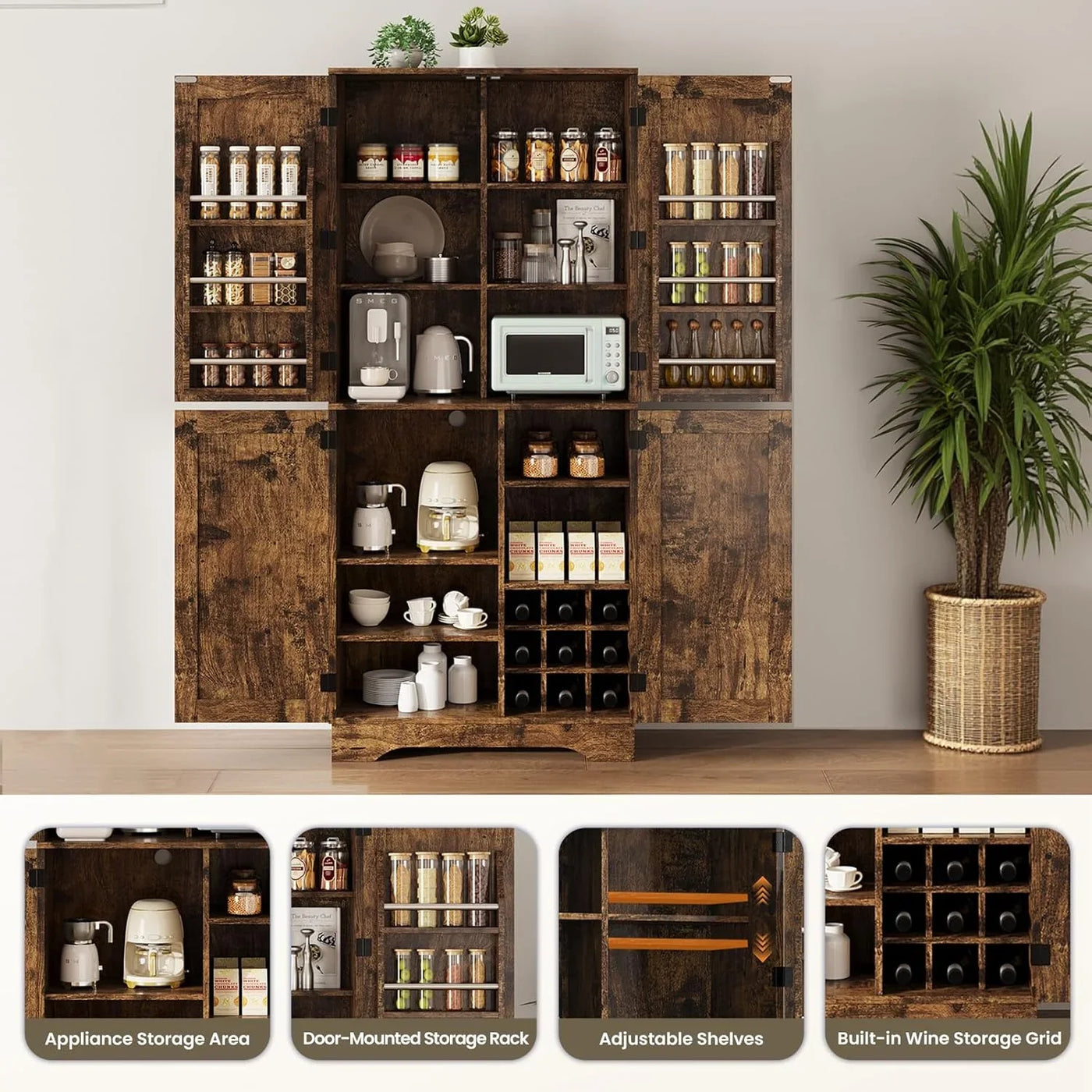 71" Tall Kitchen Pantry, Farmhouse Storage Cabinet with Doors, Shelves, Rustic Wood Cupboard, Built-In Wine Storage Grid & 6 Door Shelves for Kitchen, Dining Room, Rustic Brown
