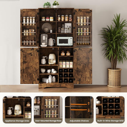 71" Tall Kitchen Pantry, Farmhouse Storage Cabinet with Doors, Shelves, Rustic Wood Cupboard, Built-In Wine Storage Grid & 6 Door Shelves for Kitchen, Dining Room, Rustic Brown