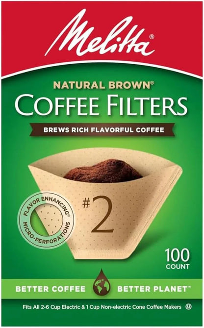 #2 Cone Coffee Filters, Natural Brown, 100 Count - Fits All 2-6 Cup Cone Coffee Makers and 1-Cup Pour-Over Brewers, Compostable, Tear-Resistant, Made in USA