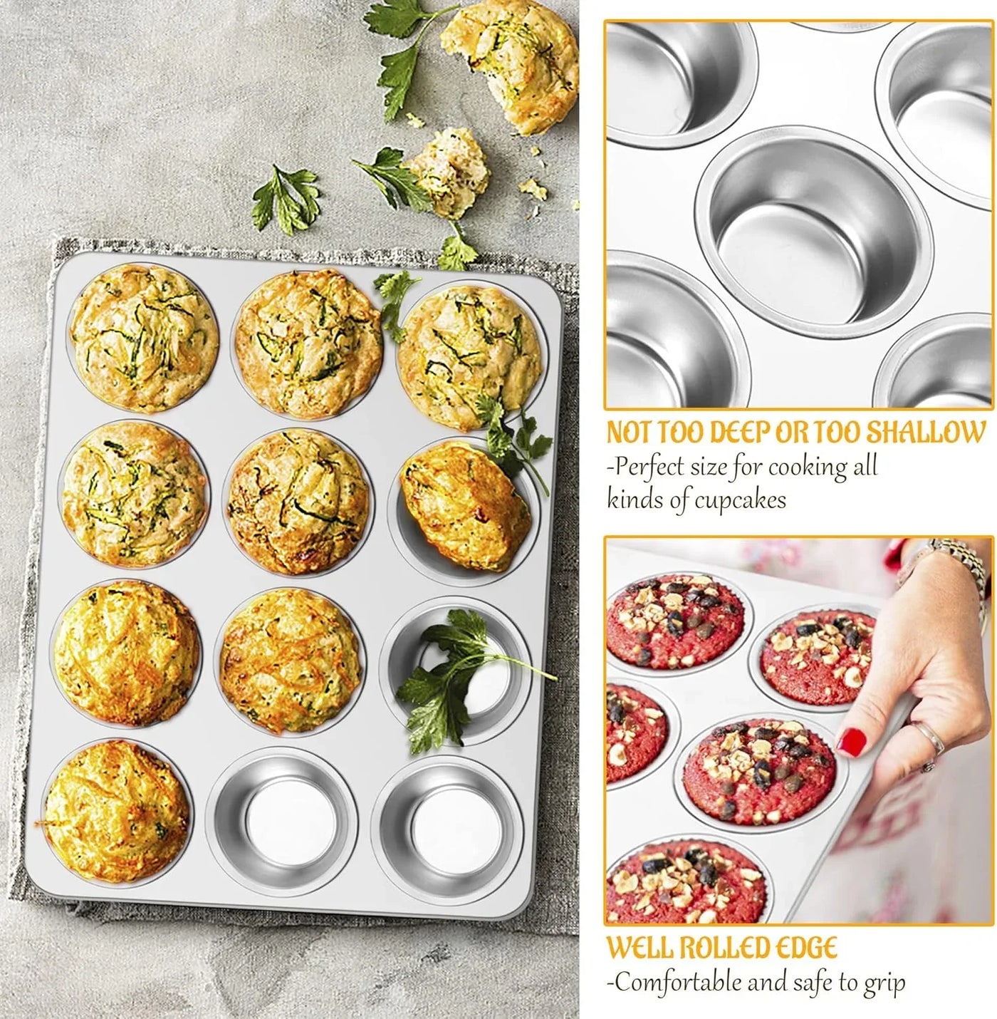 Muffin Pan 12-Cup, Set of 2, Stainless Steel Cupcake Pan Metal Muffin Baking Tins for Oven, Regular Size & Easy Clean, Non-Toxic & Dishwasher Safe