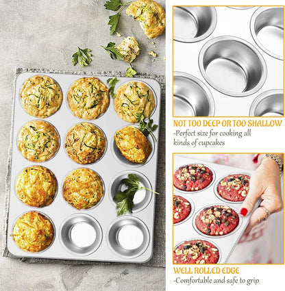 Muffin Pan 12-Cup, Set of 2, Stainless Steel Cupcake Pan Metal Muffin Baking Tins for Oven, Regular Size & Easy Clean, Non-Toxic & Dishwasher Safe