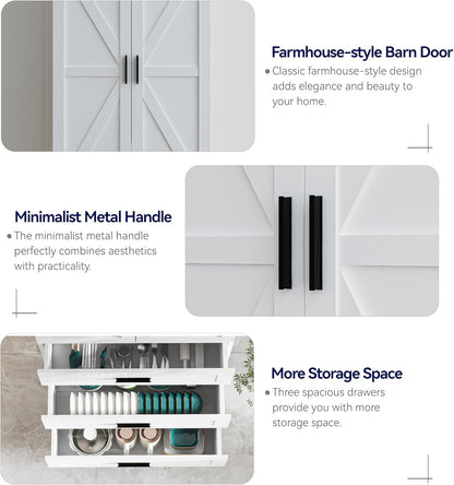 72" LED Kitchen Pantry Cabinet with 3 Drawers Farmhouse Tall Storage Cabinet Wood Food Pantry with Barn Doors and Adjustable Shelves Versatile Storage Freestanding Cupboard for Kitchen