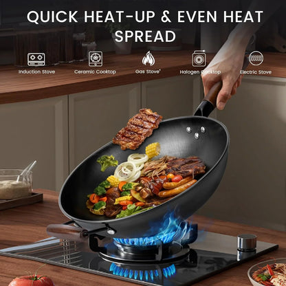Carbon Steel Wok - 12.99" Woks & Stir-Fry Pans Nonstick, Wok with Lid, Fast Heat Conduction, Uniform Heat Conduction Flat Bottom Woks, Professional Chef Cookware
